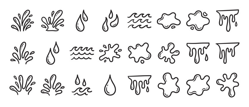 Set of hand drawn water doodle elements in a simple black line art style, including splashes, drops, waves, puddles, and dripping liquid shapes for a cartoon illustration