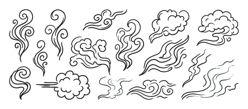Hand drawn black line art illustrations of smoke, steam, and wind in a doodle sketch style with various flowing swirls, puffs, and cloud shapes in a decorative oriental collection