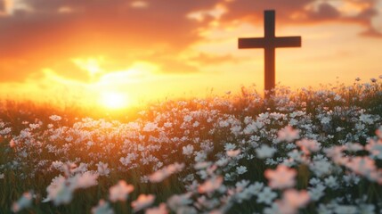 wooden cross on a hill overlooking a field of white wildflowers at sunset with golden sky, peaceful and contemplative mood