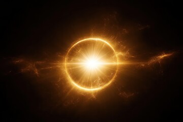 Radiant golden energy ring with intense central starburst, horizontal light flare and electric sparks against a dark background evoking awe and cosmic mystery