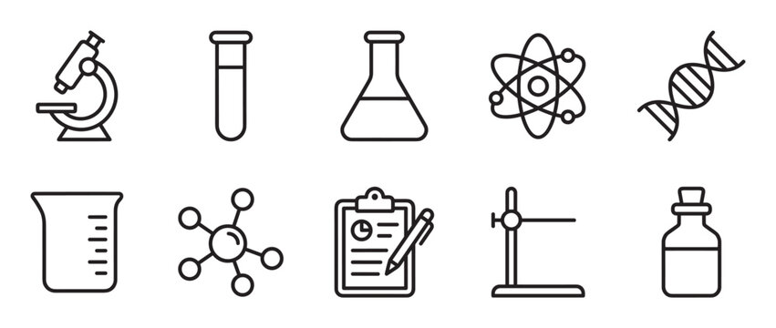 Ten science and chemistry laboratory icons featuring a microscope, test tube, flask, atom, DNA, beaker, and molecule in a simple black outline vector illustration style
