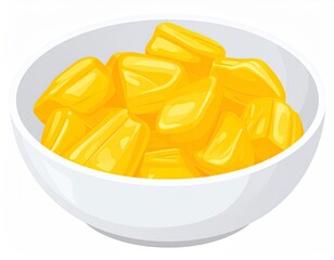 Freshly cut jackfruit pieces in a white bowl ready to eat on white background
