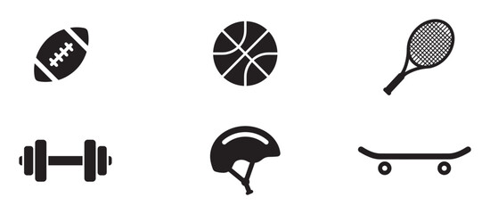Set of black sport equipment icons featuring a football, basketball, tennis racket, dumbbell, helmet, and skateboard for various athletic and recreational activities