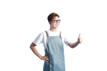 Cheerful Aproned Professional: An upbeat individual, sporting an apron and glasses, beams with confidence and approval, offering a gesture of positivity.