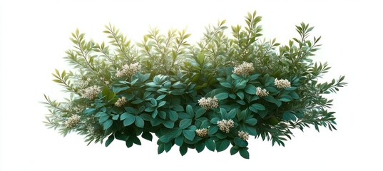 Lush green flowering shrub with clusters of small white blossoms and glossy leaves on a white background, evoking a calm, fresh, tranquil mood