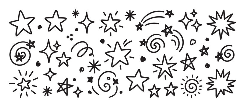 Large set of hand drawn black stars in various doodle styles including sparkles, swirls, and shooting stars, creating a whimsical and playful decorative element collection