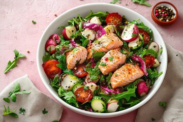 Seared salmon salad with arugula, cherry tomatoes, radishes, baby potatoes and pickled onions in a vibrant fresh bowl, appetizing and healthy