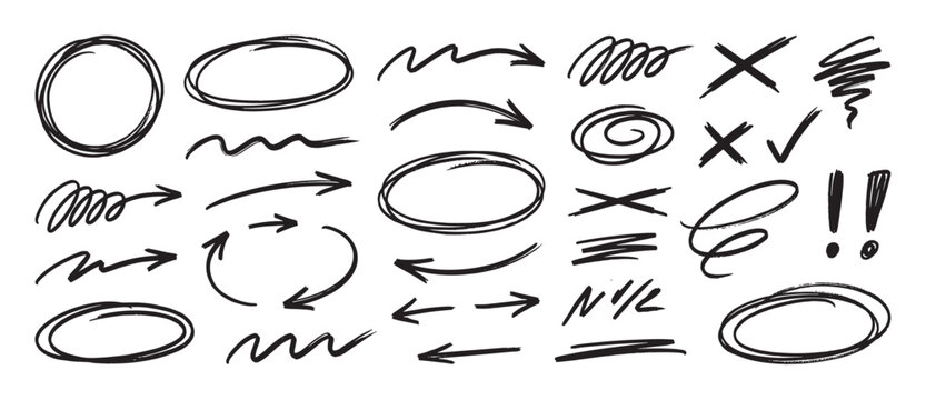 Hand-drawn black sketch doodle elements collection featuring various arrows, circles, checkmarks, underlines, and scribbles for creative emphasis and annotation