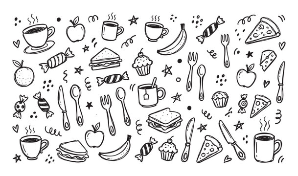 Hand-drawn black and white food doodles featuring coffee, tea, sandwiches, pizza, and fruit in a playful, sketchy seamless pattern for menu or cafe design concepts