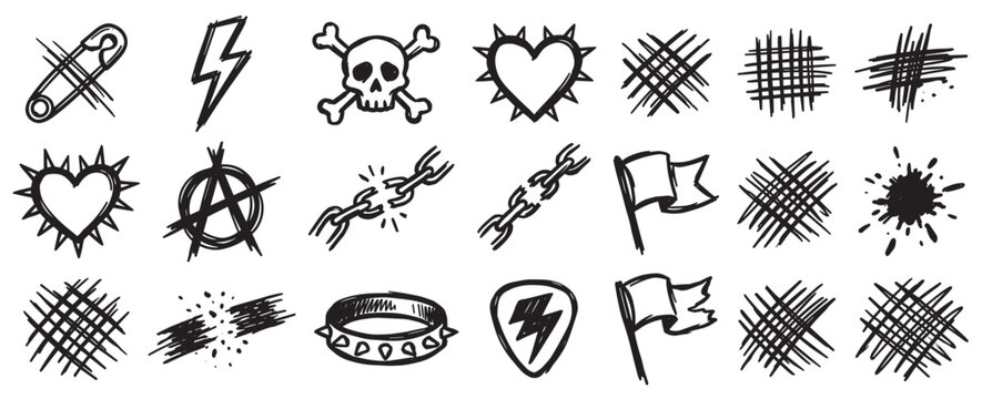 Set of hand-drawn punk rock symbols including a skull, anarchy sign, safety pin, and spiked heart, illustrated in a rough, black and white sketch or doodle style for subculture design