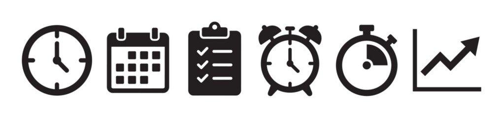Set of black productivity and time management icons featuring a clock, calendar, checklist, alarm, stopwatch, and growth graph for business planning and scheduling concepts