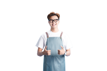 The Cheerful Artisan: A smiling artisan, adorned in an apron and glasses, proudly presents a gesture of approval, encapsulating the essence of craftsmanship and positivity.