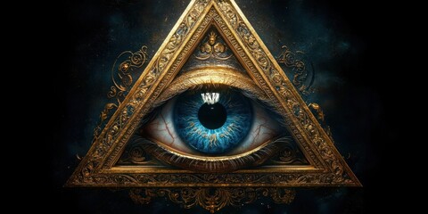 ornate golden triangular frame encircling a realistic blue human eye against a dark cosmic background, evoking mystery and watchful intensity