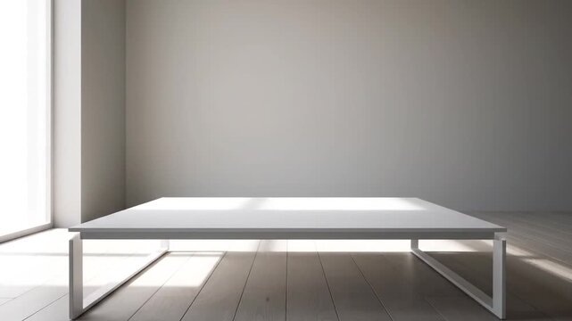 Minimalist empty room with modern white table and natural light from window