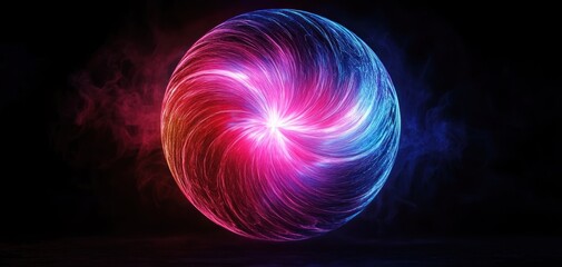 Glowing swirling energy sphere with vibrant pink and blue light, luminous radiant center and smoky dark background conveying mystical energetic wonder