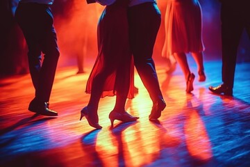 couples' legs and feet dancing on a polished wooden floor with flowing red skirts and heels, dark trousers, warm orange and blue lighting conveying romantic energetic atmosphere