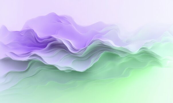 Translucent flowing layered pastel waves in purple and green, soft fabric-like forms evoking calm dreamy serenity - Powered by Adobe