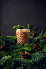 Glass with hot chocolate and marshmallow on the evergreen branches background. Cozy winter mood. Selective focus.