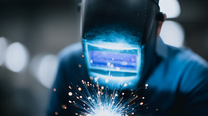 A skilled welder, cloaked in a protective mask, intensely focuses as they weld metal, showcasing sparks flying in a display of industrial craftsmanship.