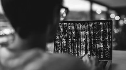 A person engrossed in coding work and examining lines of code on a laptop screen, highlighting the digital world and technology.