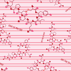 Seamless Pattern Romantic Chemical Molecules with Hearts. Oxytocin Love Formula on Pink Striped Background for Valentines Day