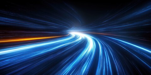 Curving blue and orange light trails racing toward a bright vanishing point over a dark background, conveying exhilarating futuristic speed and motion