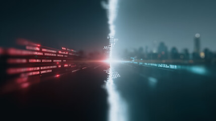 A striking visual of technological concepts, digital data streams converge and transform across a city's skyline, symbolizing information transfer and digital evolution.