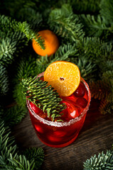 Tasty christmas cocktail with cranberry and mandarins. Shallow depth of field. Selective focus.