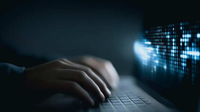 The digital world is at your fingertips, with the illumination of binary code, the screen illuminates the user's hands as they navigate the digital world. - Powered by Adobe