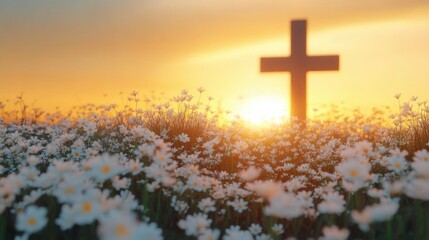 Field of white daisies at sunrise with a silhouetted cross and warm golden light, creating a peaceful and reverent atmosphere