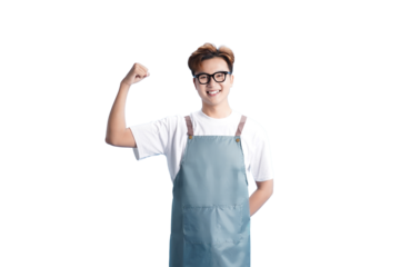 Man in Apron: Confident and ready for work, a man in an apron stands poised, radiating enthusiasm and professionalism, prepared for culinary or creative endeavors.
