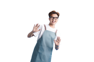 The Cheerful Chef's Welcome: A friendly chef, apron-clad and beaming with happiness, gestures a warm greeting, embodying the joy of culinary expertise and hospitality.