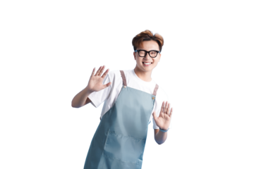 The Friendly Artisan: A cheerful artisan, wearing a practical apron and stylish glasses, radiates warmth and openness, welcoming others with a joyful smile and outstretched hands. 