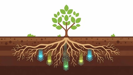 data roots concept tree showing digital information blocks growing in soil layers symbolizing big data analytics and knowledge growth