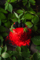 Red blackberry cake on dark wooden background. Selective focus.