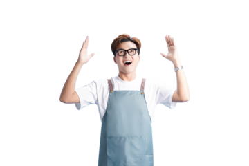 Excited chef: a chef raises arms with happy expression