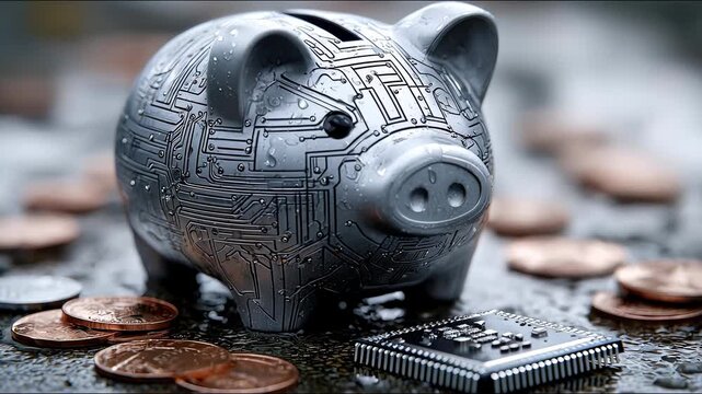 Piggy bank with circuit board design and coins on surface