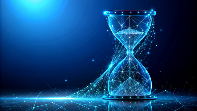 Futuristic hourglass in neon blue wireframe with flowing sand in dark blue background with glow effect for technology