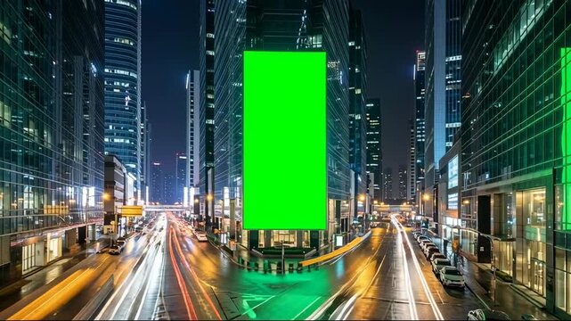 Night city street scene with modern skyscrapers, long exposure light trails, and a prominent green screen for adaptable display.