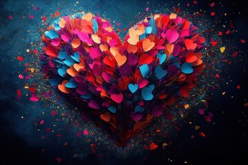 Large vibrantly colored heart composed of layered paper heart cutouts and scattered confetti with glittering sparks on a dark textured background, festive and romantic
