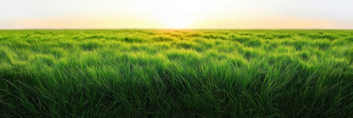 wide field of lush green grass under a pale sky at sunrise with soft golden light, tranquil and peaceful open horizon