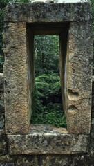 Naklejka premium moss-covered weathered stone window framing dense green forest foliage, an ancient ruin evoking quiet contemplative serenity