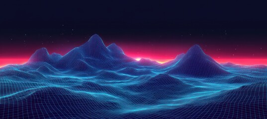 glowing neon blue wireframe mountains and rolling grid terrain beneath a magenta sunset and starry night sky, evoking futuristic nostalgia and quiet wonder