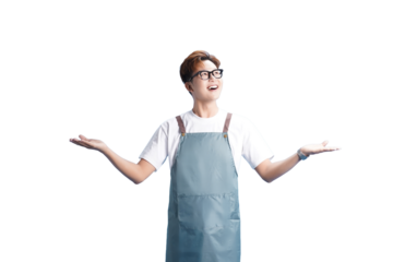 Open Hands of Hospitality: A smiling individual in a simple apron extends open hands, creating a welcoming and friendly atmosphere, ideal for representing culinary arts, service or hospitality.