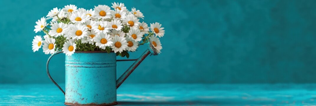 Bright white daisies overflowing from a weathered turquoise watering can on a matching teal background, cheerful rustic floral still life - Powered by Adobe