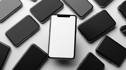 Central smartphone with white blank screen surrounded by multiple black-screen smartphones on a gray surface conveying contrast, focus and isolation