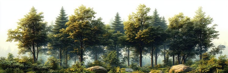 panoramic sunlit mixed forest of tall pines and leafy trees with mossy rocks, dense undergrowth and soft morning mist conveying a peaceful, tranquil mood