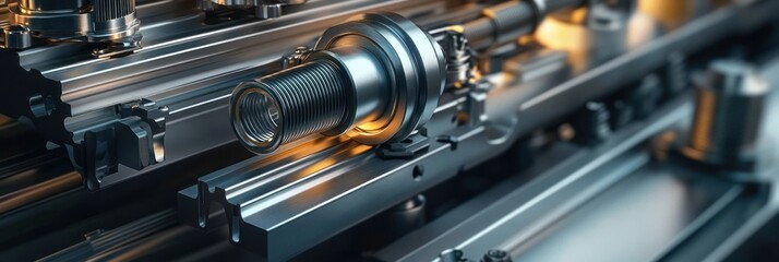 close-up of shiny metallic linear rails with threaded shaft and bearing, warm highlights conveying precision and high-tech efficiency