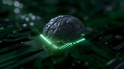 Artificial Intelligence: An illuminated human brain rests on a computer chip, symbolizing the evolution of technology and the power of the mind in the digital age.