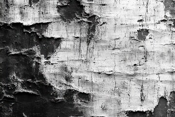 Obraz premium High-contrast peeling paint and cracked plaster wall with layered flaking texture and dark exposed patches, weathered and gritty surface conveying decay and abandonment